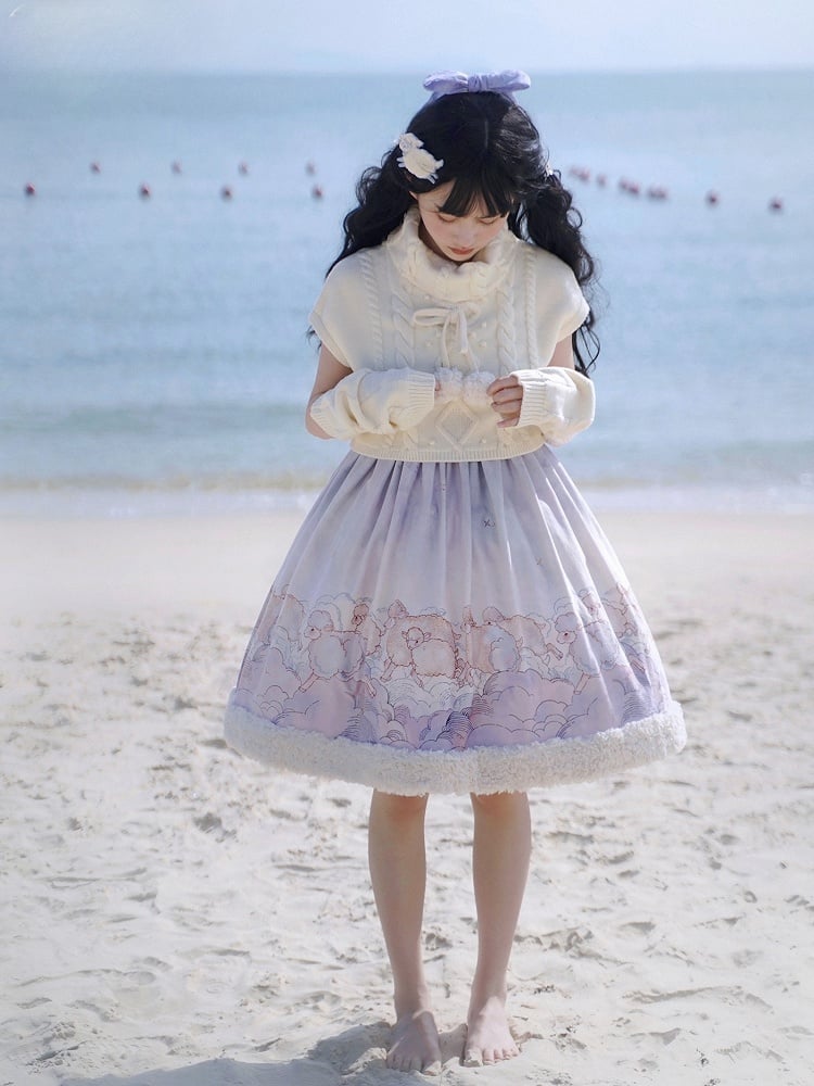 Lolita Top Knit Sheep Winter and Print Set Sleeves Dress Cloud Sweet for Autumn Purple +