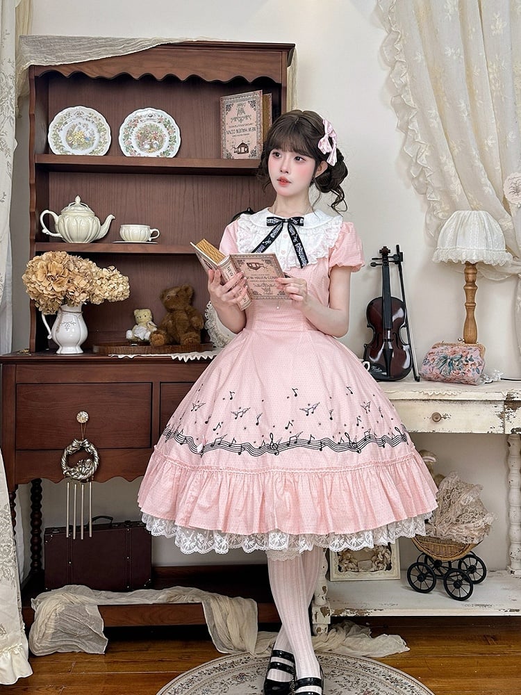 Sweet Pink Polka Dot Embroidered Music Note Lolita Dress with Panel Cut Skirt - Surface Spell