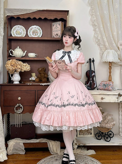 Sweet Pink Polka Dot Embroidered Music Note Lolita Dress with Panel Cut Skirt - Surface Spell