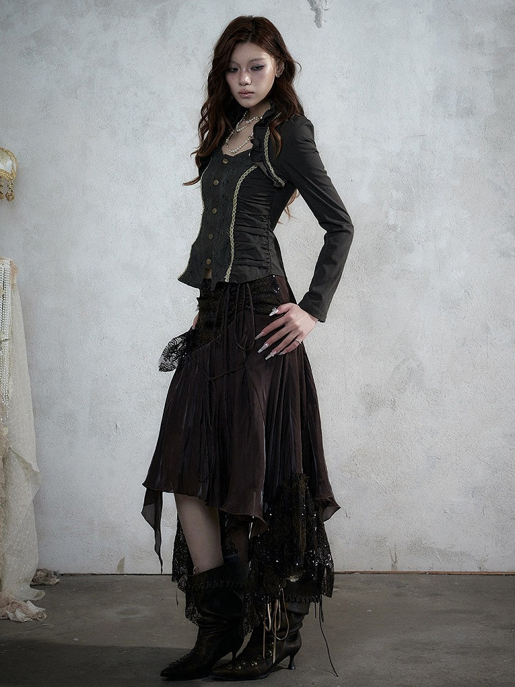 Rococo Punk Army Green Faux Two-Piece Long Sleeve Blouse with Lace and Ruffle Accents - NO ROMANCE