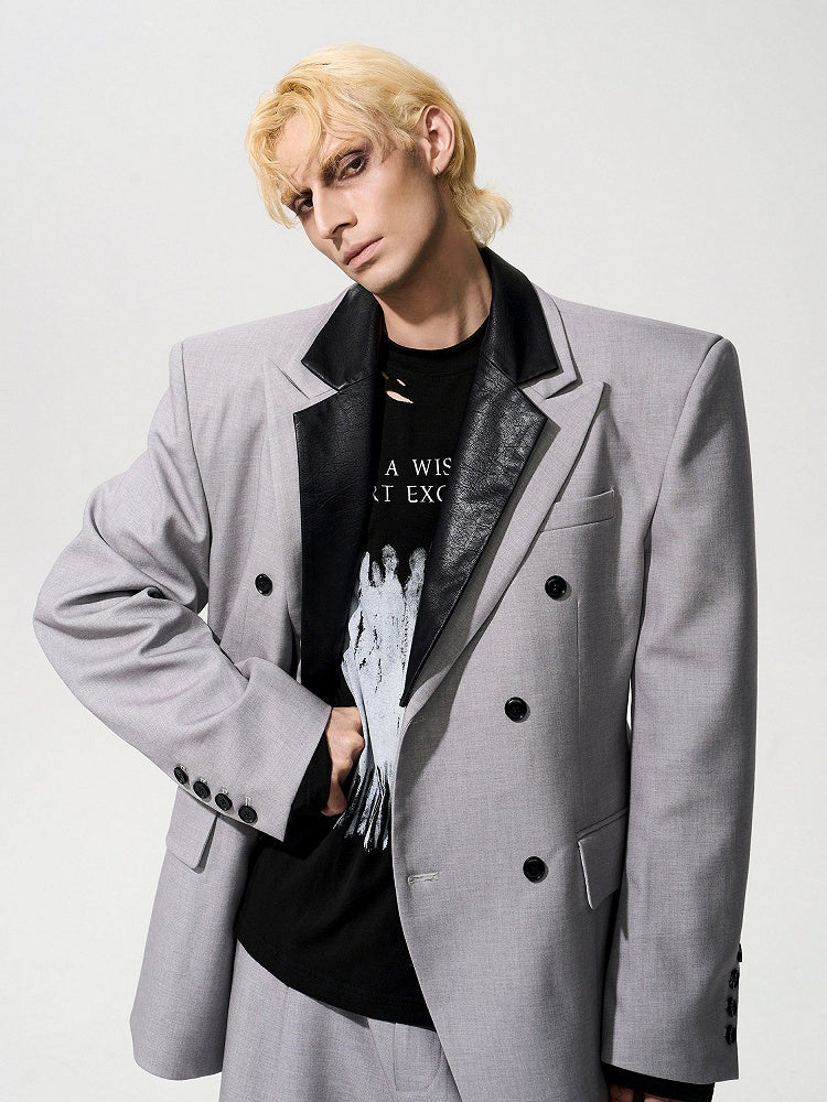 Men's Waist-defining Blazer Detachable Collar Structured Silhouette Shoulder Gray - with Leather