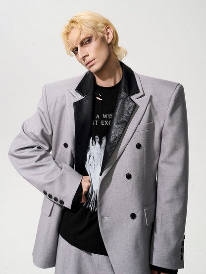 Men's Waist-defining Blazer Detachable Collar Structured Silhouette Shoulder Gray - with Leather