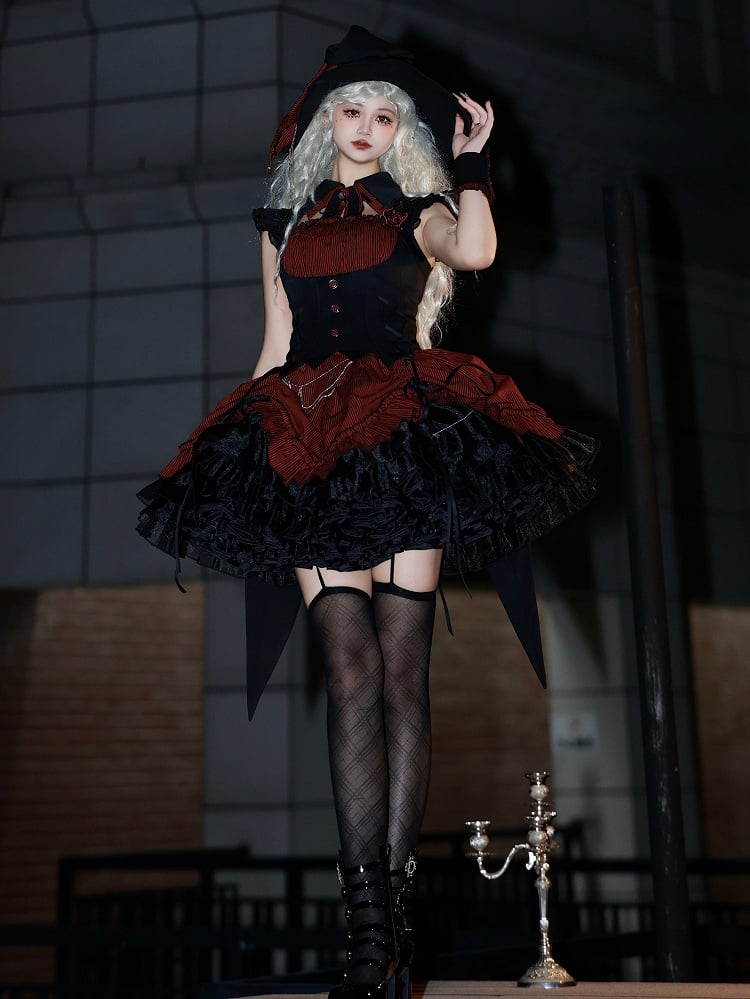Hem Drawstring Lolita Halloween Gothic Boned and Black Pattern Waist Striped Red Dress