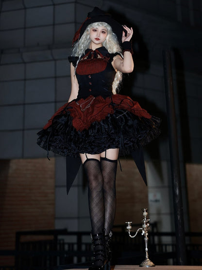 Hem Drawstring Lolita Halloween Gothic Boned and Black Pattern Waist Striped Red Dress