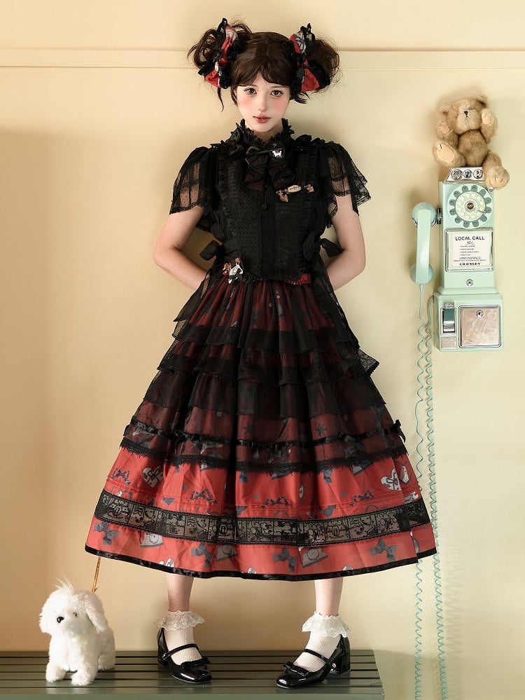 Black and Red Elastic Waist Puppy and Retro Telephone Sweet Lolita Skirt