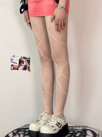 Ribbon Print Tights Black/Whiye/Brown/Gray