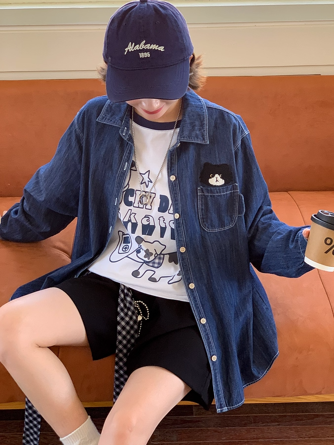 Kitty Dark Blue Faded Wash Denim Shirt Cute Embroidery