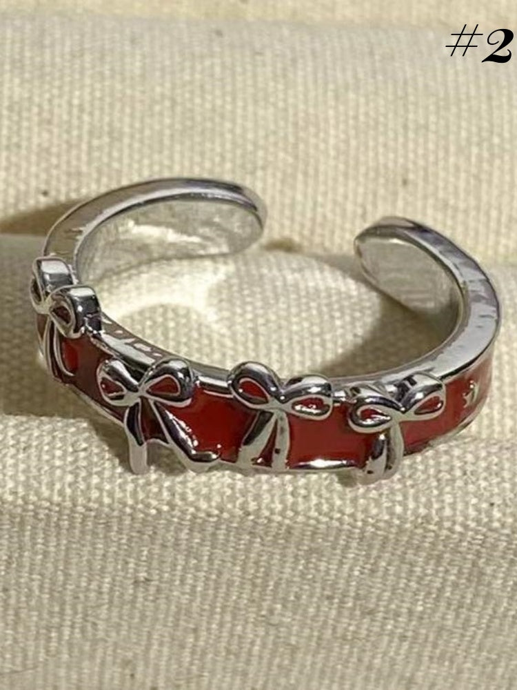 Y2K Red Bow Ring/Beaded Necklace