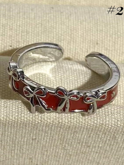 Y2K Red Bow Ring/Beaded Necklace