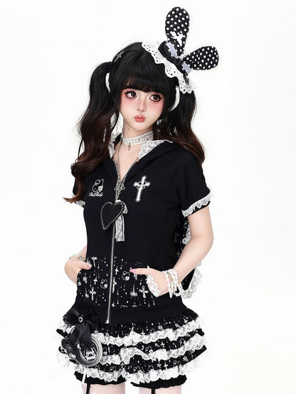 Black Bunny Ear Hooded Short Sleeve Top with Lace Print - CRAZY GIRL