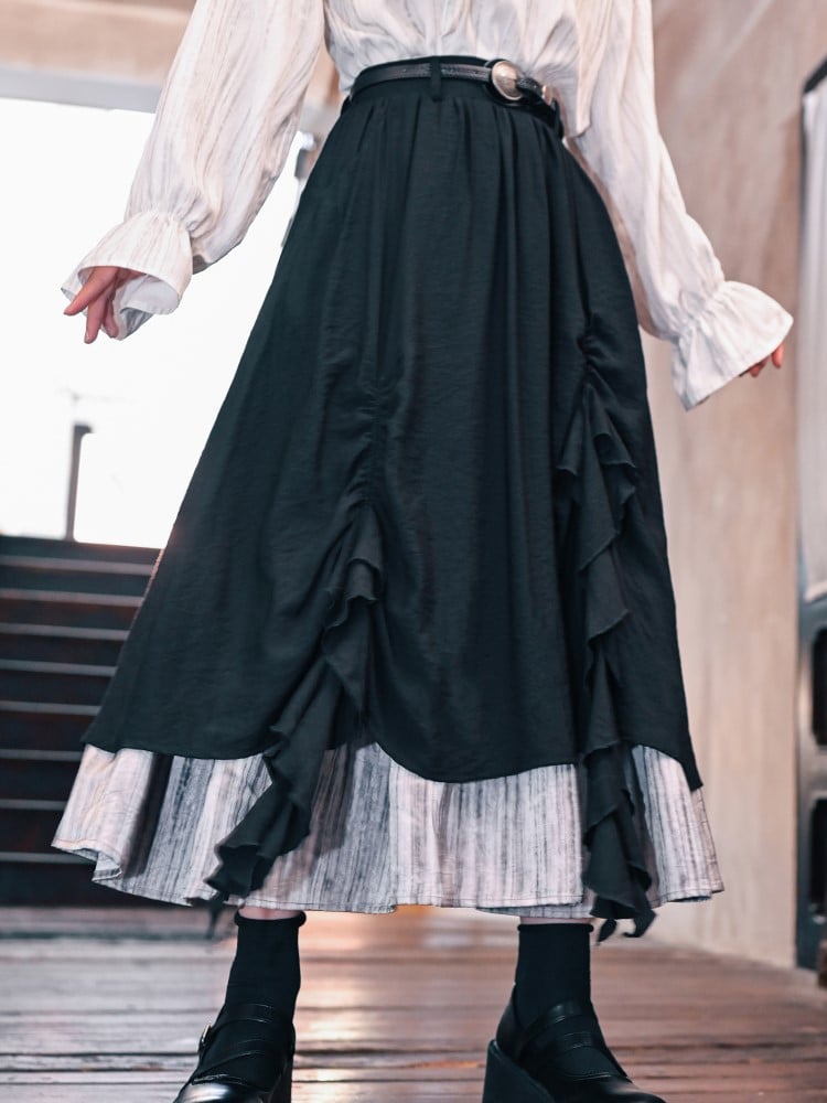 Cascading Hem Cheongsam Black Ruched with Ruffles Skirt Gothic Contrast