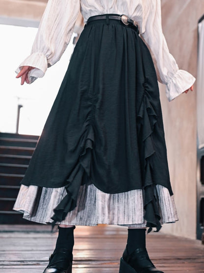 Cascading Hem Cheongsam Black Ruched with Ruffles Skirt Gothic Contrast