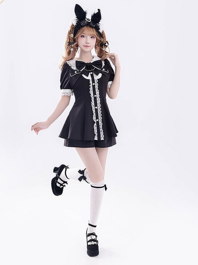 Shorts Bow Sleeve Set: Black Two-Piece Short Kei with Detachable and Jirai Faux Top Brooch