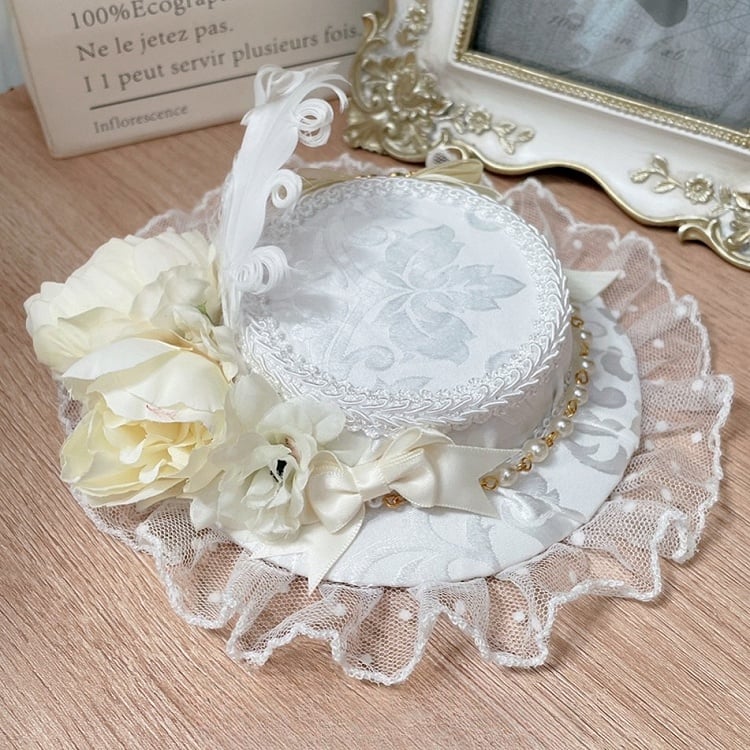 Lace White Decorated Mini Hime Trim Hat Design Floral Lolita Beaded Charm Feather