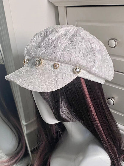 White 8-Panel Glimmering Beret Bead with Jirai Lace Rhinestone Style Kei Hat Details