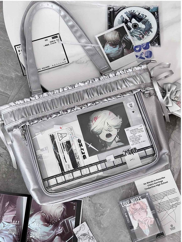 Trim Ita Bag Silver Ribbon Bow Large Capacity Tote Ruffled