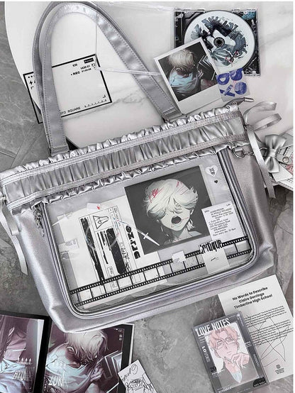 Trim Ita Bag Silver Ribbon Bow Large Capacity Tote Ruffled