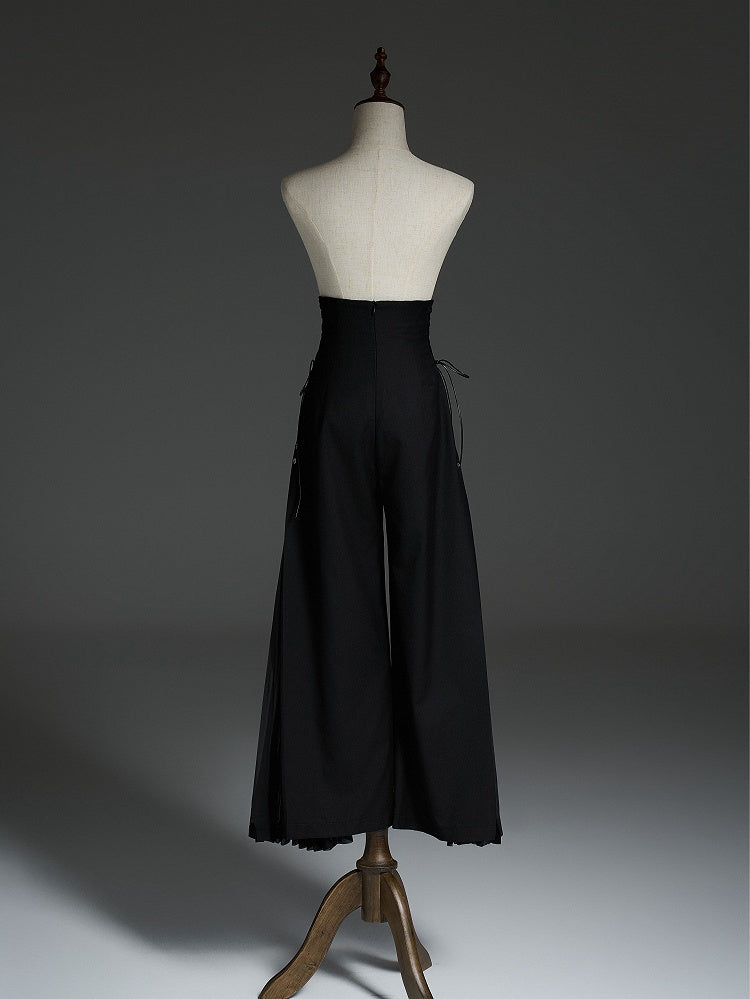 Ouji Style 110cm High Waist Wide-Leg Black Pants with Pleated Chiffon Panel - DevilInspired Exclusive Collection