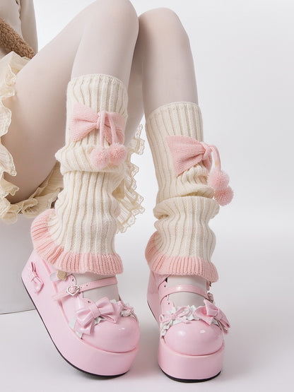 Knitted Leg Decorations White with 46CM Bowknot Pink Warmers Pom-Pom and
