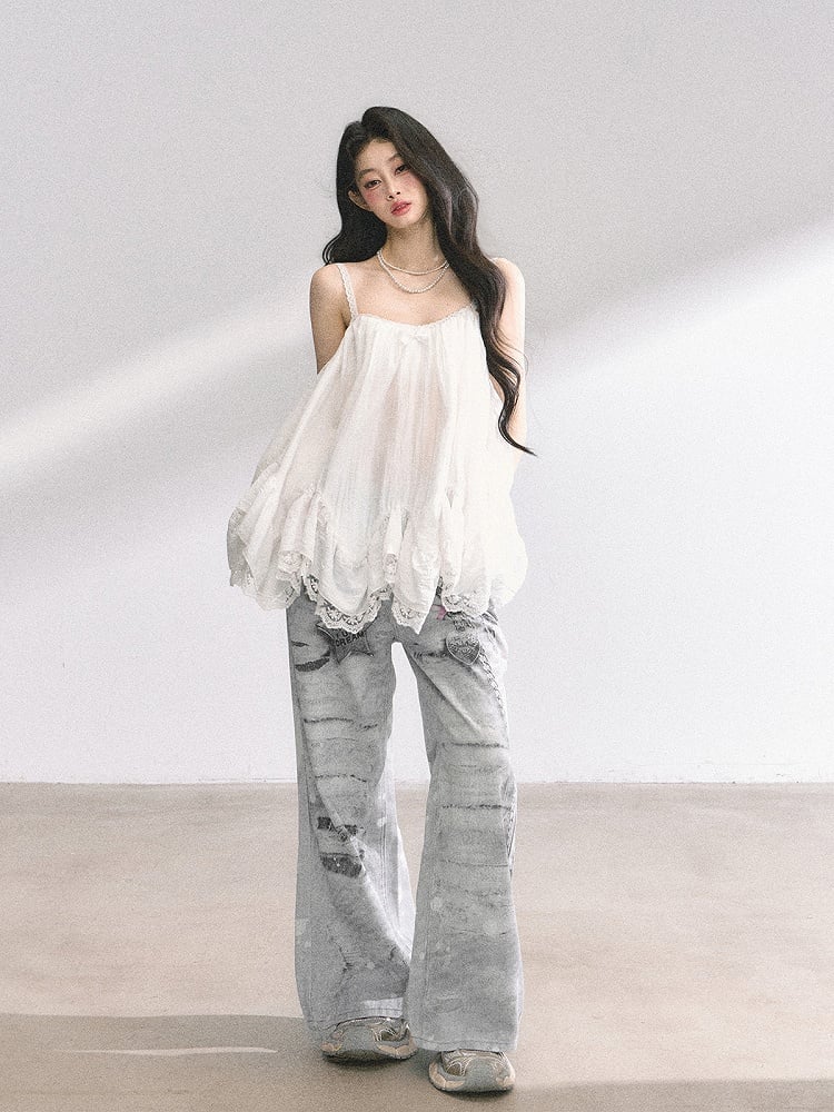 Hellgraue Jeans mit weitem Bein und niedriger Taille und Kettenmuster im Used-Look