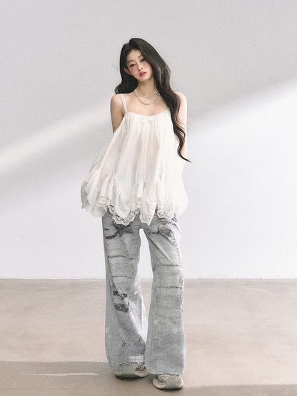 Hellgraue Jeans mit weitem Bein und niedriger Taille und Kettenmuster im Used-Look