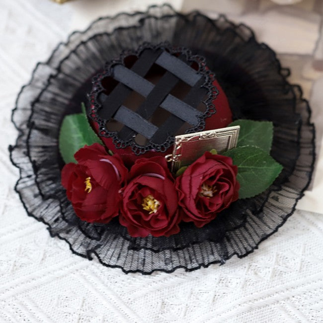 Beige/Black Hat Accents with Flower Lolita Design Mini Woven