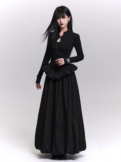 Black Knit Maxi Bubble Dress with Ruffled Hem