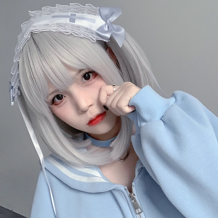 Ruffled Lace Hairband with Light Jirai Kei White Blue Bow and Cross