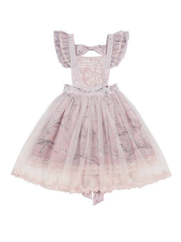 Pink Flutter Sleeve Floral Embroidery Lolita Overlay Dress with Bow and Lace - Yimu Walnut