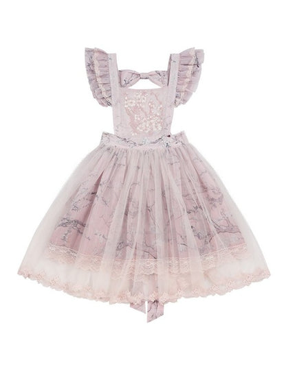 Pink Flutter Sleeve Floral Embroidery Lolita Overlay Dress with Bow and Lace - Yimu Walnut