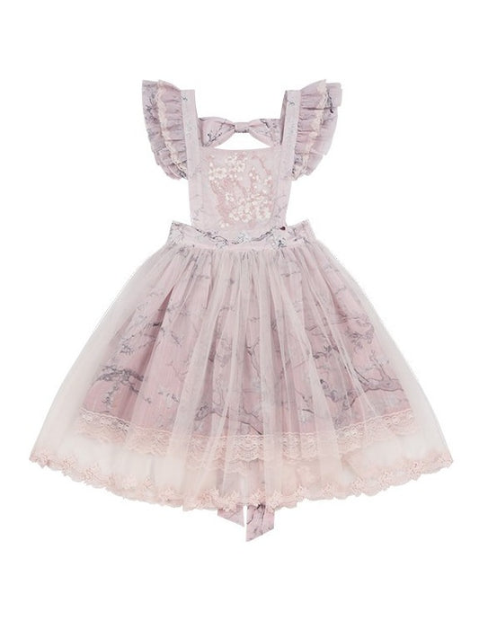 Pink Flutter Sleeve Floral Embroidery Lolita Overlay Dress with Bow and Lace - Yimu Walnut