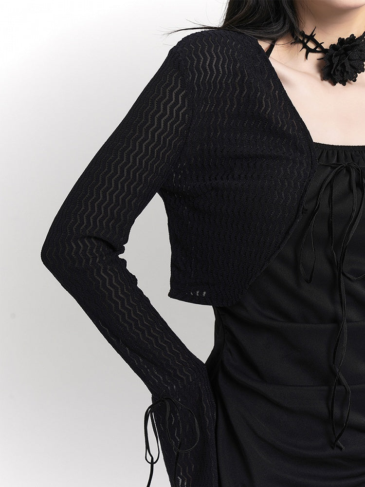 Cardigan Cropped Tie-Front Tie Details Gothic with Wrist Black