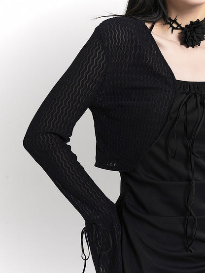 Cardigan Cropped Tie-Front Tie Details Gothic with Wrist Black