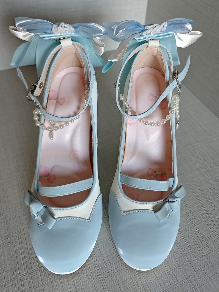 Classic Bow Elegant Embellishment Blue with White Detachable Lace Back Charm High-heel Chain Beaded Shoes