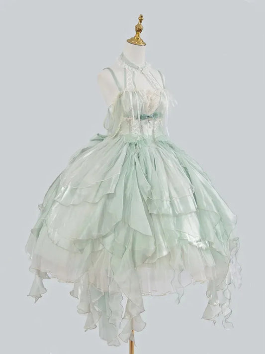 Rock mit mehrlagigem Feenkleid, Besatz, leichte Prinzessin, Lolita, kaskadierende Rüschen, grünes Korsett