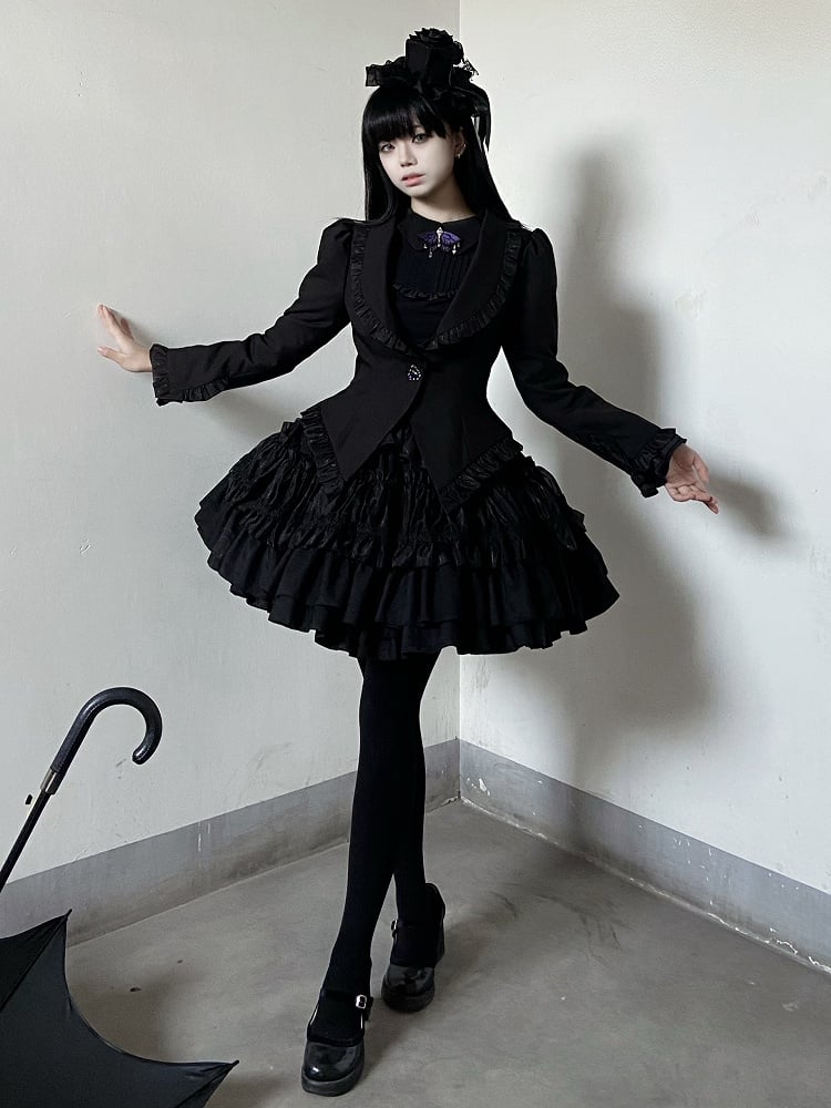 Black Gothic Lolita Tiered Ruffle Puffy Skirt