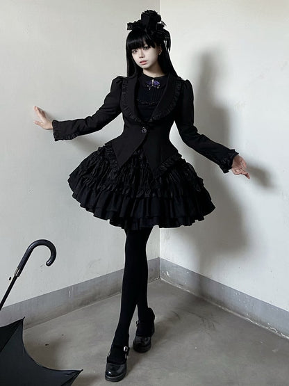 Black Gothic Lolita Tiered Ruffle Puffy Skirt
