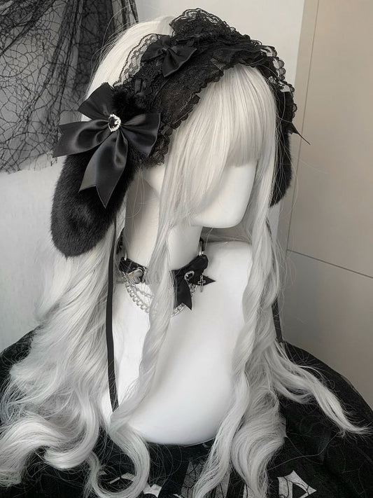 Details Rhinestone Ear Bunny Decorated Bowknot Hairband Plush Ruffled Heart Black/White