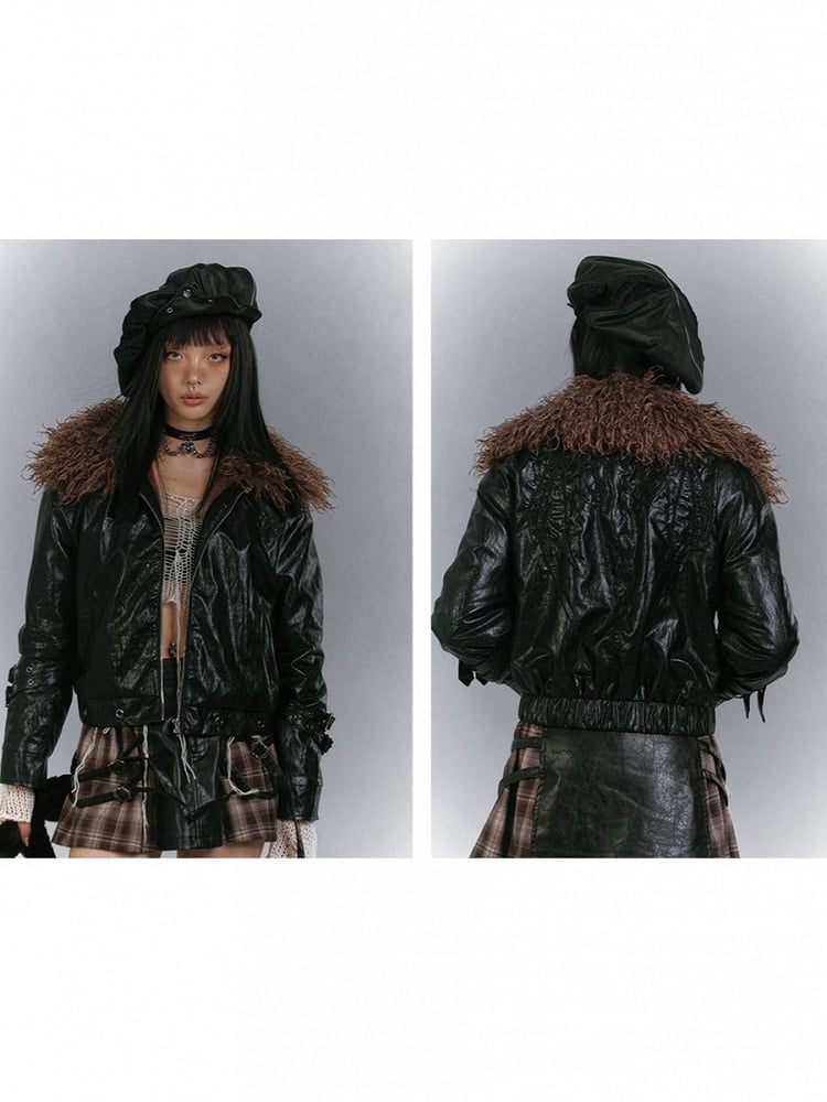 Glossy with Black Embroidery Faux Jacket Detachable Fur Padded Punk Eyelet Hem Metal Wing Collar