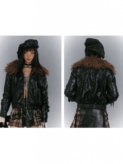 Glossy with Black Embroidery Faux Jacket Detachable Fur Padded Punk Eyelet Hem Metal Wing Collar