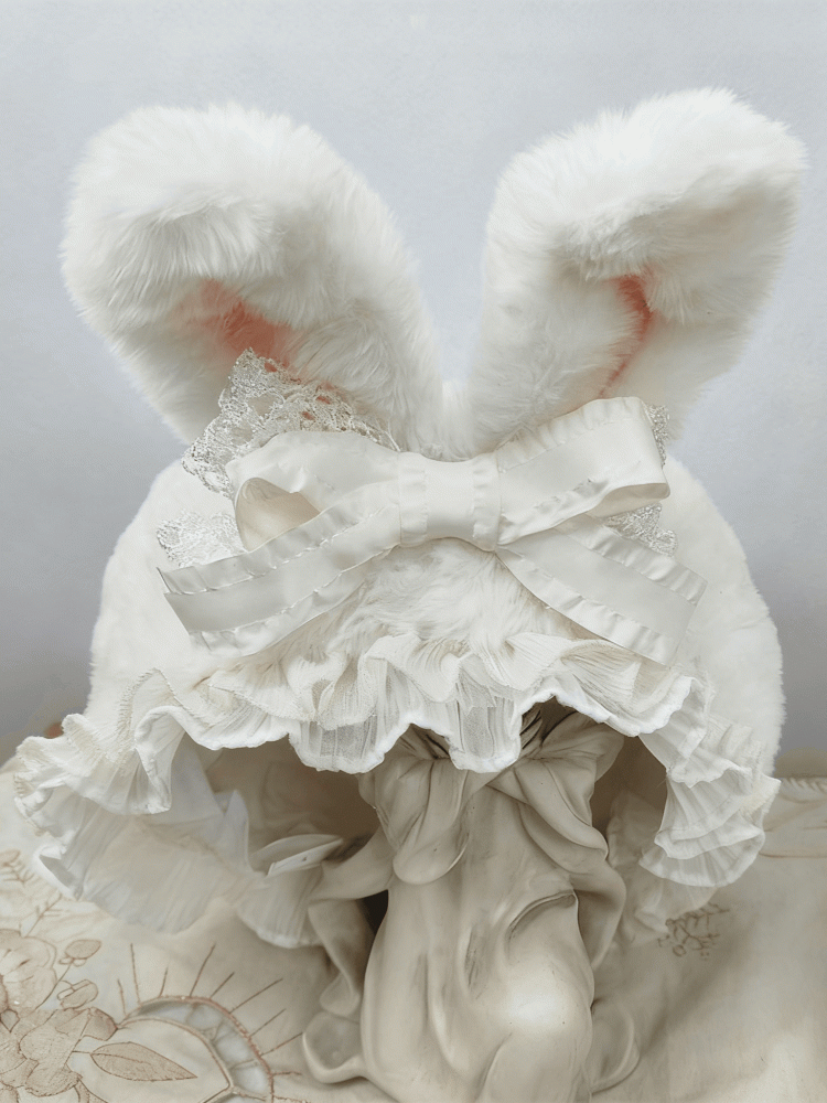 Lace Bunny Beige/Pink Ears Bow Plush Beret Trim