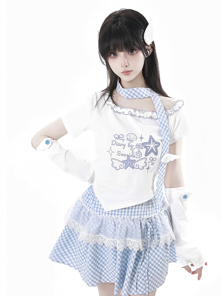 レースチェックトリムスカート ピンク/ベビーブルー