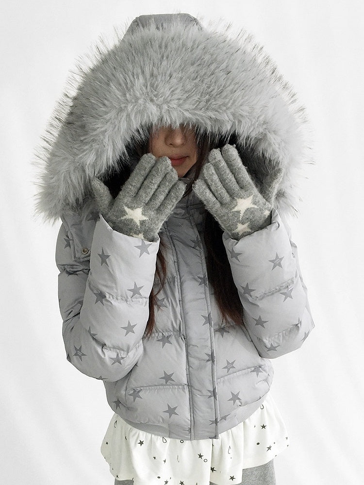 Veste amovible avec manches détachables à motif étoiles et capuche en duvet gris et peluche amovible, multipositions