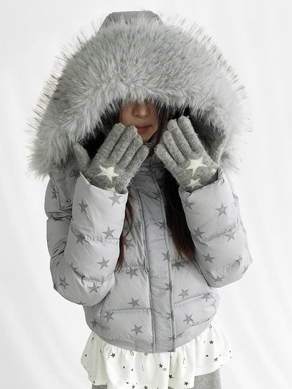 Veste amovible avec manches détachables à motif étoiles et capuche en duvet gris et peluche amovible, multipositions