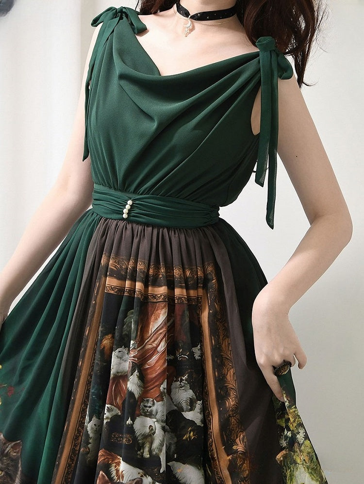 Dark Green Cat Oil Painting Print Elegant Lolita Maxi Dress with Cowl Neckline and Tie Straps