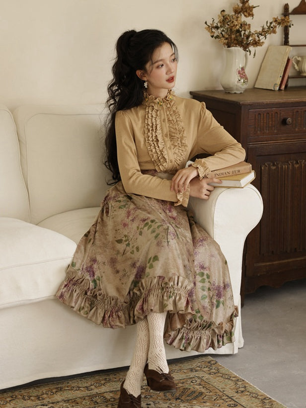 ヴィンテージパープルフローラルプリントフリルトリムハイウエストスカート