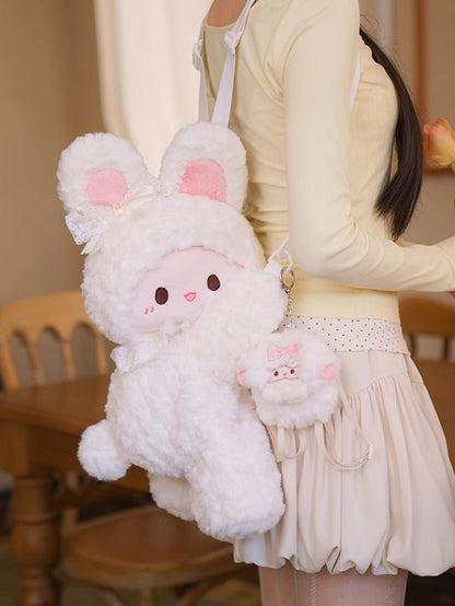 White Bag Backpack/Crossbody Keychain Plush Rabbit Backpack Bowknot +