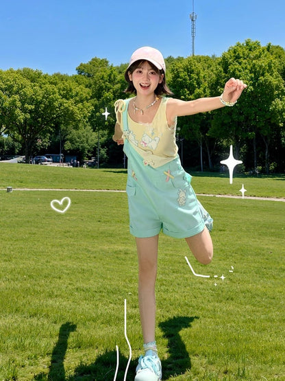 Shorts Overall Mint Green Cartoon Puppy Embroidery Straight-leg Cut