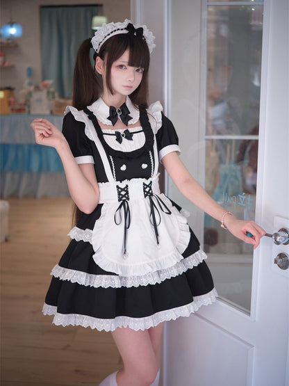 Maid Jirai-Kei Black White Tiered Dress Lace Trim Short Sleeve - Puppet Bombs