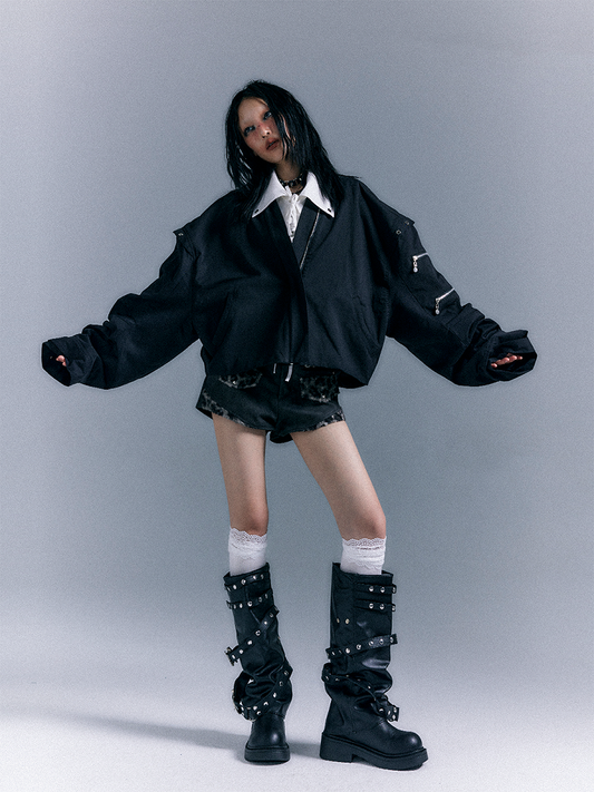 Zip Closure Design Jacket Asymmetrical Black Punk -